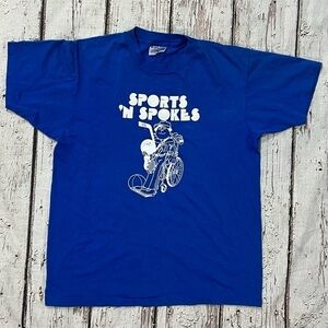 Vintage 1980s Sports 'n Spokes Blue 80s Crewneck Tee Top Shirt